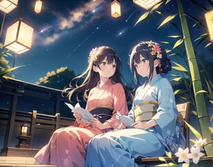 Masterpiece, Top quality, High definition, Artistic composition, 2 girls, yukata with floral pattern, sitting, looking away, talking, from below, starry sky, shooting star, Tanabata, night, bamboo branches, strips of paper, Japan, wide shot