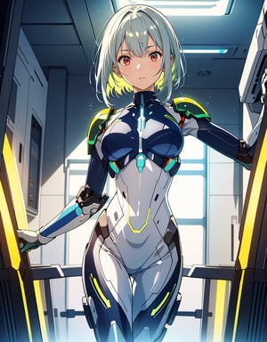 (masterpiece, top quality), high definition, artistic composition, 1 girl, greenish silver hair, red eyes, suspicious face, looking away, twisting body looking down, right arm extended upward, blue and yellow swimsuit-like battle suit, android-like armor, revealing skin, inside lab with white walls, Holographic, futuristic, several researchers, cartoon, (looking at own body)