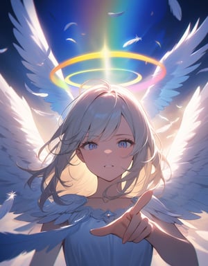 (masterpiece, top quality), high definition, artistic composition, 1 woman, angel, looking down, pointing at me, close-up of fingers, beautiful light, halo, rainbow, beautiful angel feathers, calm eyes, dancing bird feathers, dramatic, striking light, scary face
