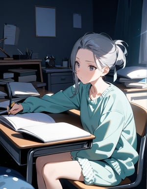 Masterpiece, Top Quality, High Definition, Artistic Composition,1 girl, sitting in chair studying, study desk, notebook, holding pencil, distressed, frowning, hair tied back, on top, plain colored loungewear, messy room, small room, (cat sleeping on desk), dark room, bold composition, looking away to do.