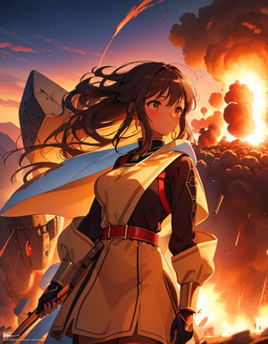 (masterpiece, top quality), high definition, artistic composition, 1 girl, brown skinned girl, dusky colored folk costume, looking away, battlefield, explosion behind, huge brown super robot fighting, bold composition,girl