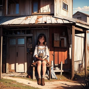Masterpiece, top quality, high definition, artistic composition, 1 girl, country girl, small house on prairie, western home, front porch, sitting girl, rusted, battered and decayed humanoid robot, retro-future


