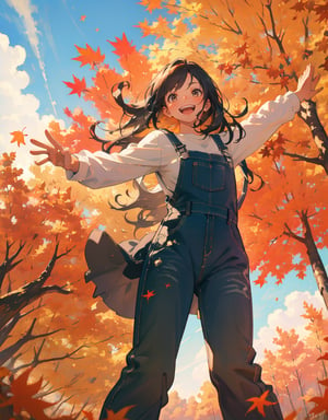 (masterpiece, top quality), high definition, artistic composition, 1 woman, long hair, hands outstretched, white shirt, khaki overalls, frolicking, open mouth smile, spinning, from below, cowboy shot, Dutch angle, autumn sky, fall, country fashion, vibrant, bold composition