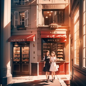 Masterpiece, Top Quality, High Definition, Artistic Composition, Two Girls, French Bakery, Shopping Inside, Old Building, Looking Away, Smiling, Casual Fashion, Bold Composition, High Contrast, Portrait