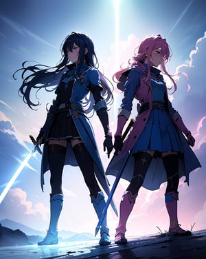 (masterpiece, top quality), high definition, artistic composition, two girls, blue swordsman and pink wizard, stand back to back, hero costume, battlefield, cartoon, holding sword and stick, looking away, tired smile, dirt on clothes, backlit, dramatic, pinch, high contrast, bold composition, from the side, powerful, struggling, fighting together