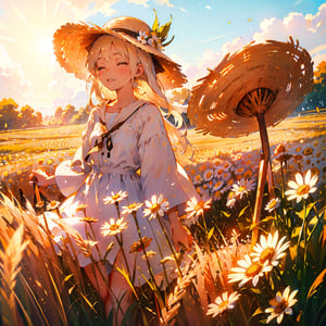 Masterpiece, top quality, high definition, artistic composition, 1 girl, chamomile field, white dress, straw hat, squinting and smiling, from below, looking away, straw hat held down by hand, spinning, bold composition, beautiful light