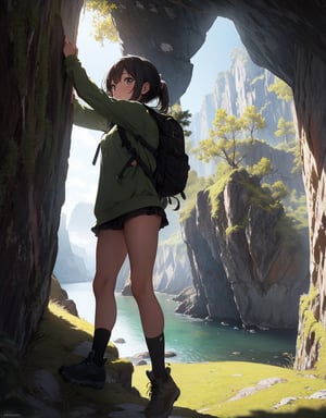 Masterpiece, Top Quality, High Definition, Artistic Composition, One Girl, Explorer, Khaki Climbing Clothing, Backpack, Looking Up, Map in Hand, Gorge Eroded by Huge Rocks, Huge Soaring Rock Wall, Dark Without Sunlight, (High, Narrow Waterfall), Mossy, Green, Impressive Light, Bold Composition, Below from, beautiful nature, narrow passage, small shrine, high contrast,girl,breakdomain