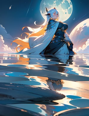 (masterpiece, top quality), high definition, artistic composition, 1 woman, goddess, divine, big moon, reflection on water, cold, impressive light, fantasy, Norse mythology, descent
,girl