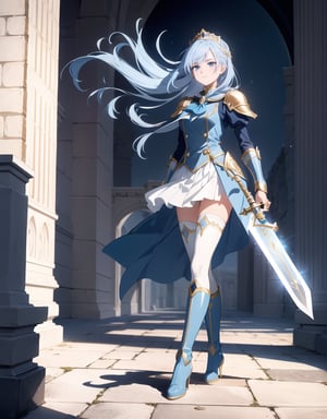 Masterpiece, Top Quality, High Definition, Artistic Composition,1 girl, blue sailor-like battle dress, stylish sword at the ready, wind blowing, clear sky, long light blue hair, gold hair ornament, warrior, fantasy, white tights, long white boots, old castle, bold composition