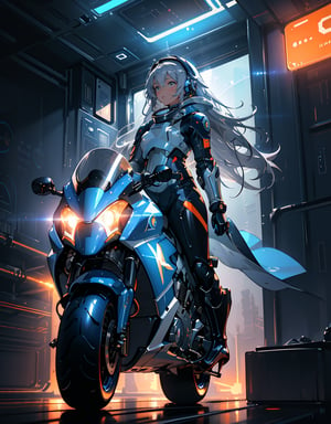 Masterpiece, Top Quality, High Definition, Artistic Composition, One girl, Silver and Nile blue spacesuit, Stylish, Commuter like motorcycle without tires, floating in space, space station, science fiction, orange lights, futuristic, bold composition, striking light, Android-like armor, from below, wide shot, Dutch angle