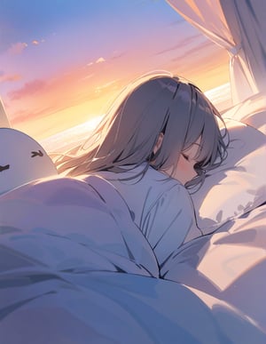 (masterpiece, top quality), high definition, artistic composition, 1 woman, sleeping in bed, white pajamas, holding plush-like pillow, sunrise, pleasant, watercolor style, pastel colors, from below, from behind