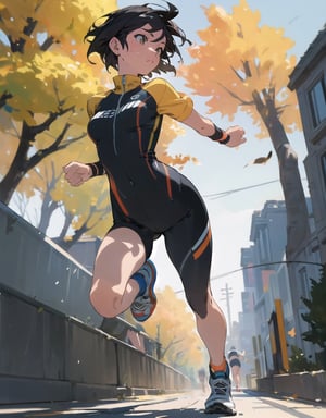 (masterpiece, top quality), high definition, artistic composition, 1 woman, running clothes, running shoes, running a marathon, running, short hair, looking away, tree-lined street, fall, from below, emphasis on feet, bold composition, sense of speed, Dutch angle, motion blur, lively, perspective