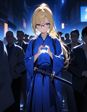 (Masterpiece, Top Quality), High Definition, Artistic Composition, 1 Girl, Animation, Blonde Hair, Inverted Ponytail , Samurai, Indigo Dyed Kimono, Japanese Sword, Serious Face, Glasses, Make a Heart with Own Hands, Crowded, Night Street, Impressive Light, High Contrast, Heart Mark