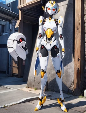 Masterpiece, top quality, large humanoid robot, high definition, standing on the ground, Japanese animation, small figures at the feet, human-like face