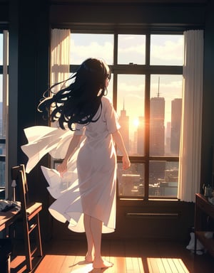 (masterpiece, top quality), high definition, artistic composition, 1 woman, standing in front of window, from behind, large white shirt, hair scraped up, shining, transparent, long black hair, morning, morning sun, striking light, backlit, hotel high-rise room, beautiful