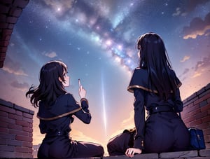 (masterpiece, top quality), high definition, artistic composition, two girls, fantasy, brick structure, two girls sitting, from behind, from below, night, starry sky, wide night sky, shooting star, looking up to the sky, pointing to the sky, fun, bold composition, dramatic, wide shot