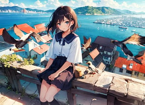 Masterpiece, top quality, 1 girl, 13 years old, girl, plain clothes, country girl, sitting on high roof, harbor countryside, looking down on city, high definition, artistic composition, retro, beautiful light, wide angle, lots of birds flying