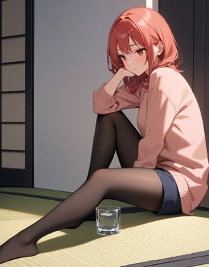 (masterpiece, top quality), high definition, artistic composition, 1 woman, sober casual fashion, pantyhose, sitting on tatami mat, leaning against wall, Extending the leg, looking sad, bright red face, looking away, glass of water in hand,
