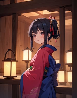 Masterpiece, Top Quality, High Definition, Artistic Composition, One girl, gentle smile, black hair, big pink ribbon, red and blue-green kimono-like battle dress, android-like armor, inside wooden building, dark, lantern light