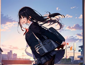 Keywords : masterpiece, best quality, 1 girl, sad, running hard, open mouth, blazer, school uniform, school uniform, school bag, pantyhose, japan, evening, school route, from side, school route, cowboy shot, high definition, rushing, dramatic light, beautiful scenery, looking away,breakdomain,masterpiece