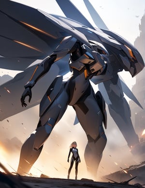 (masterpiece, top quality), high definition, artistic composition, 1 girl, standing, expressionless, futuristic battle suit, body suit, giant insect shaped robot, sci-fi, impressive light, battlefield