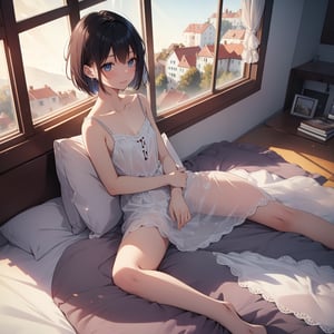 (masterpiece, top quality), high definition, artistic composition, 1 girl, camisole, composition from above, wariza on bed by window, looking away, bob cut, beautiful landscape