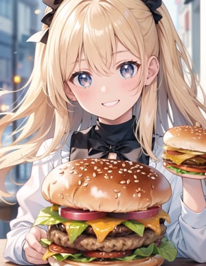 Masterpiece, Top Quality, High Definition, Artistic Composition,1 girl, offering hamburger in hand, close-up of hamburger, smiling, hamburger store, date, POW, realistic hamburger, portrait