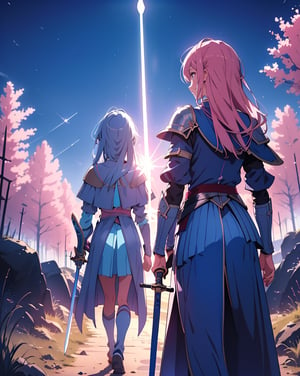 (masterpiece, top quality), high definition, artistic composition, two girls, blue swordsman and pink wizard, backs together, hero costume, battlefield, cartoon, holding sword and walking stick, looking away, tired smile, clothes stained with dirt, backlit, dramatic, pinch, high contrast, bold Composition