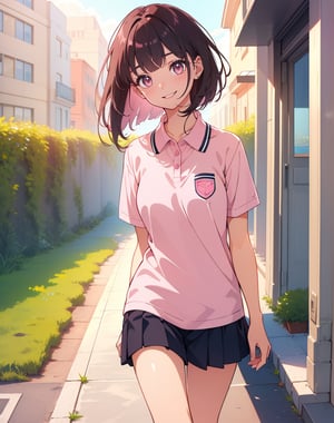 (masterpiece, top quality), high definition, artistic composition, 1 girl, dark hair, light pink polo shirt, from front, walking, blunt bangs, squinting and smiling, tilting head, girlish gesture, young lady, walk, portrait