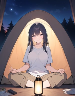 (masterpiece, top quality), high definition, artistic composition, 1 woman, long hair, camping, white shirt, khaki pants, in tent, sitting indian style, lantern light, from front, smiling, night