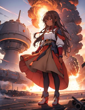 (masterpiece, top quality), high definition, artistic composition, 1 girl, brown skinned girl, dusky colored folk costume, looking away, battlefield, explosion behind, huge brown super robot fighting, bold composition,girl