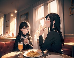 Masterpiece, Top quality, High definition, Artistic composition, 2 girls, Italian restaurant, from below, pasta, fork in hand, talking while eating, angry, laughing, friends, Italian fashion, wide shot, dark interior, striking light, dramatic