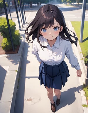 Masterpiece, Top Quality, High Definition, Artistic Composition, 1 girl, close-up of face, from above, smiling, thin eyes open, khaki cotton shirt, long navy blue skirt, park, portrait, dark hair, walking