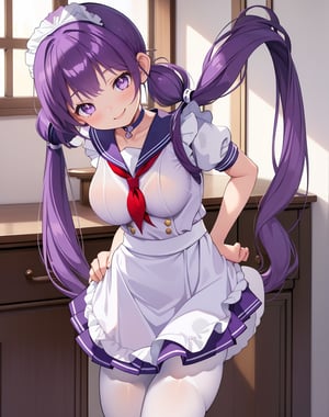 (masterpiece, top quality), high definition, artistic composition, 1 girl, maid outfit like sailor suit, twin tails, hand on waist, dining room, bent over, squinting and smiling, purple hair, choker, backlight, cupboard, white pantyhose