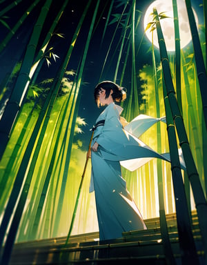 (Masterpiece, Top Quality), High Definition, Artistic Composition, 1 girl, Animation, white kimono, standing, from below, quiet, big moon, night, bamboo forest, striking light, dramatic, low saturation