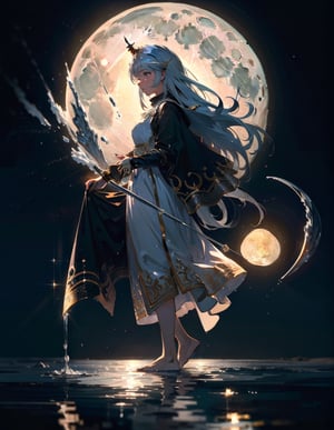 (masterpiece, top quality), high definition, artistic composition, 1 woman, goddess, divine, big moon, reflection on water, cold, impressive light, fantasy, Norse mythology, descent
