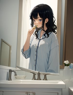 (masterpiece, top quality), high definition, artistic composition, 1 girl, pajamas, brushing teeth at sink, looking up, fringe bothering her, hand touching fringe, looking at self in mirror, shaggy hair, wavy hair, morning, portrait, black hair, noh, relaxed Looking away, looking away