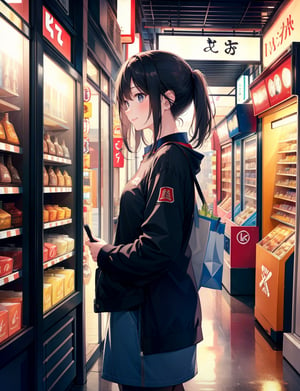 (masterpiece, top quality), high definition, artistic composition, 1 girl, Japanese shopping street, arcade, side view, smiling, standing in front of store, pointing, dramatic, jersey, portrait, shopping, looking away