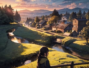 Masterpiece, Top Quality, 2 Girls, Talking, Spring Jacket, Back View, Overlooking Japanese Countryside, Stream in Distance, One Large Tree Standing, Sunset, Striking Sky Color, Looking Away, High Definition, Emotional, Big Clouds, Wide Sky, Rail Tracks Visible, Artistic Composition, Dramatic