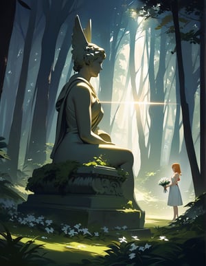 Masterpiece, Top Quality, High Definition, Artistic Composition, One girl, holding a bouquet of white flowers, from the side, dirty white dress, orange ribbon, looking away, mossy warrior statue, in the forest, light shining, striking light, dramatic, fantasy