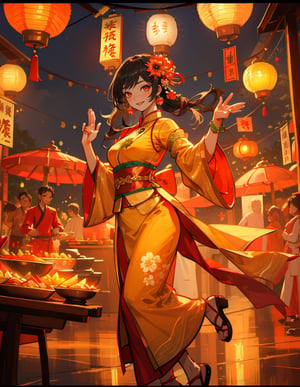 (masterpiece, top quality), high definition, artistic composition, 1 woman, Southeast Asian folk costume, smiling, Southeast Asian festival night, food stall, lantern light, exotic, girlish gesture, dramatic