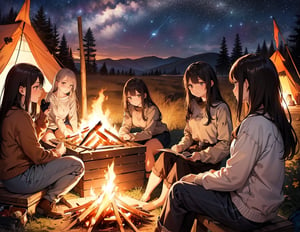 Masterpiece, top quality, high definition, artistic composition, realistic, several girls around one bonfire, (small bonfire), camping, fun, starry sky, nature