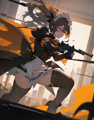 (masterpiece, top quality), high definition, artistic composition, 1 girl, maid cosplay, Halloween, night, city, smirking, heavy weapon, aiming with gun, firing, action pose, looking away, dynamic, powerful, In combat, Dutch angle, High contrast, Suspense