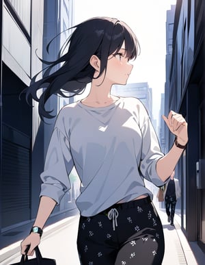 (masterpiece, top quality), high definition, artistic composition, 1 girl, printed easy pants, white shirt, tote bag, looking away, walking, urban, sobriety, portrait, hurrying, slip-on, looking at my watch