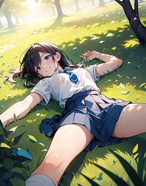 (masterpiece, top quality), high definition, artistic composition, one girl, sprawled out, lying on grass, smiling, sunlight filtering through trees, shadow of leaves, pleasant, wind blowing, white shirt, dark blue skirt, an aerial view, Dutch angle, white socks, looking away, staring at sky

