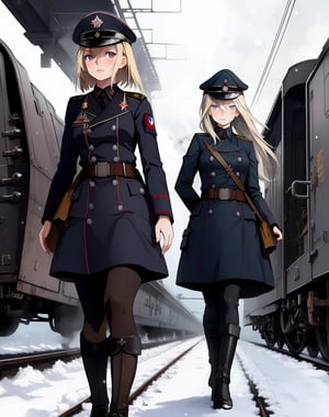 (masterpiece, top quality), high definition, artistic composition, 1 girl, WWII, train station, steam locomotive, Russian female soldier, snow, dark sky, dramatic