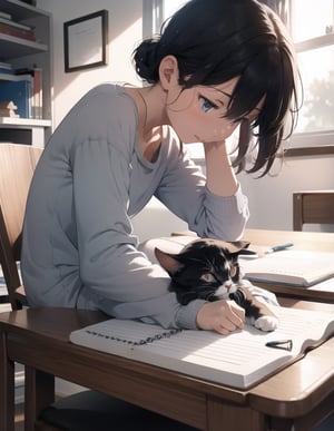 Masterpiece, Top Quality, High Definition, Artistic Composition,1 girl, sitting in chair studying, study desk, notebook, holding pencil, distressed, frowning, hair tied back, on top, plain colored loungewear, messy room, small room, (cat sleeping on desk), dark room, bold composition, looking away to do.,breakdomain