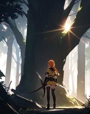 (masterpiece, top quality), high definition, artistic composition, 1 woman, yellow sailor-like battle dress, warrior, holding large stylish bow, woods, striking light, sunlight filtering through trees, high contrast, bold composition, orange hair, long braids, fantasy, stalking prey, ruins, black stockings