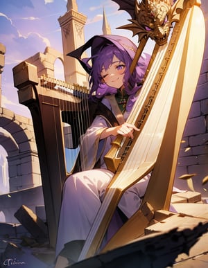 Masterpiece, Top Quality, High Definition, Artistic Composition,1 girl, wizard, beige robe, (playing Celtic harp with eyes closed), ruins, brick building, sitting on broken building, fantasy, smiling, striking, dramatic, dragon flying in sky, bold composition, purple hair