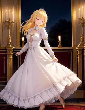 (masterpiece, top quality), high definition, artistic composition, 1 woman, dress with crinoline, tied blond hair, smiling with eyes closed, looking away, dancing gracefully, in palace, night, bold composition